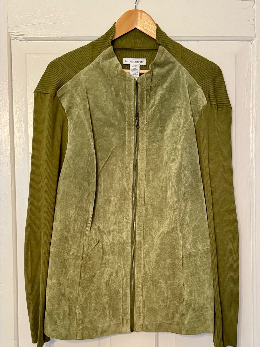 Y2K Jessica London Olive Green Suede Zip Front Jacket